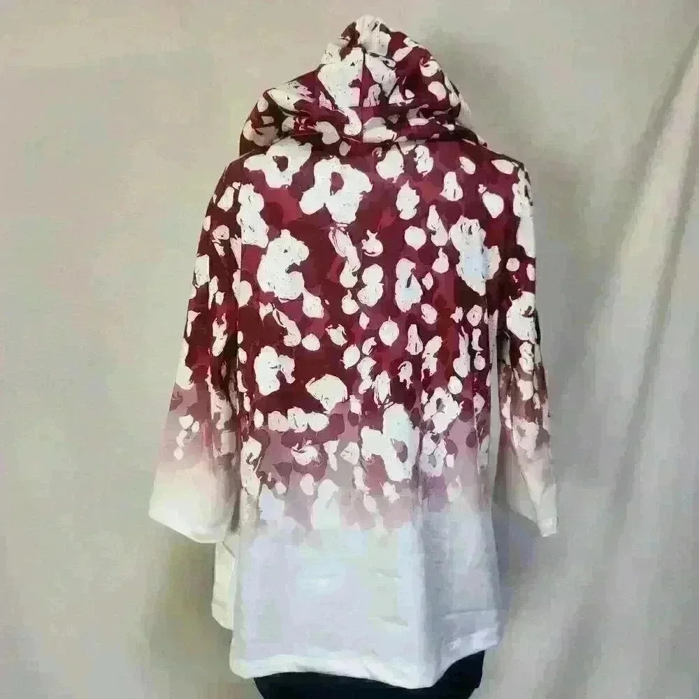 Christopher & Banks Medium Petite Hoodie Jacket Zipper 3/4 Sleeve Abstract Print